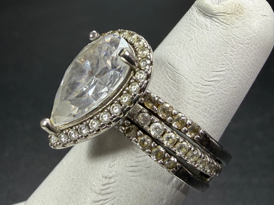 Just Added - Elegant Pear Shaped Cubic Zirconia Classic Halo Triple Pavé Band Sterling Silver Ring Size 4 7.5g [Photo 4]