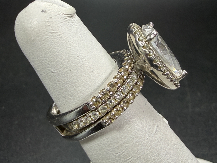 Just Added - Elegant Pear Shaped Cubic Zirconia Classic Halo Triple Pavé Band Sterling Silver Ring Size 4 7.5g [Photo 5]