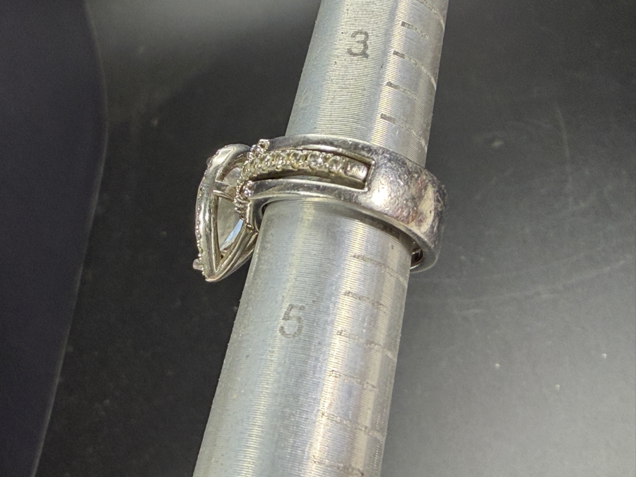 Just Added - Elegant Pear Shaped Cubic Zirconia Classic Halo Triple Pavé Band Sterling Silver Ring Size 4 7.5g [Photo 7]