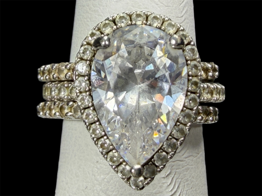 Just Added - Elegant Pear Shaped Cubic Zirconia Classic Halo Triple Pavé Band Sterling Silver Ring Size 4 7.5g