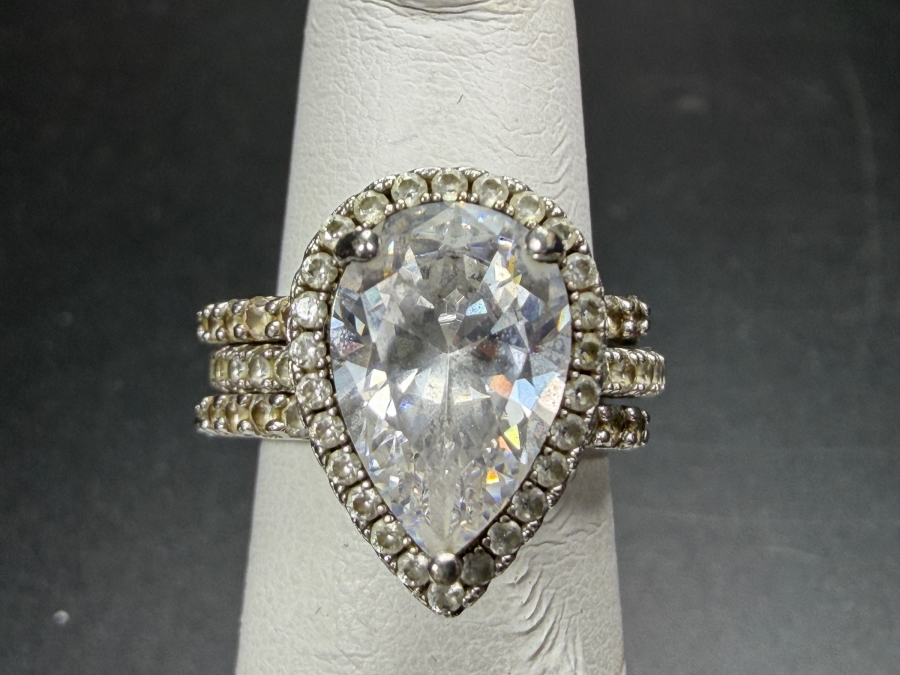 Just Added - Elegant Pear Shaped Cubic Zirconia Classic Halo Triple Pavé Band Sterling Silver Ring Size 4 7.5g [Photo 2]