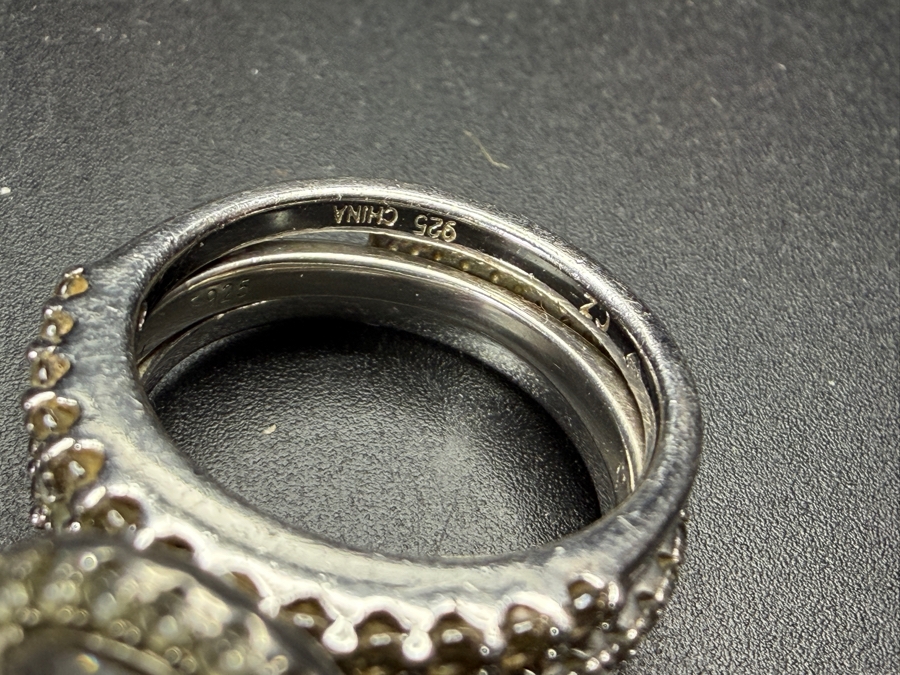 Just Added - Elegant Pear Shaped Cubic Zirconia Classic Halo Triple Pavé Band Sterling Silver Ring Size 4 7.5g [Photo 6]