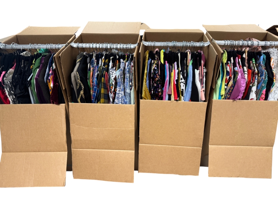 Just Added - Women's Clothing Reseller Liquidation Lot 4 Wardrobe Boxes Hanging Apparel Bundle Mainly Size S / XS