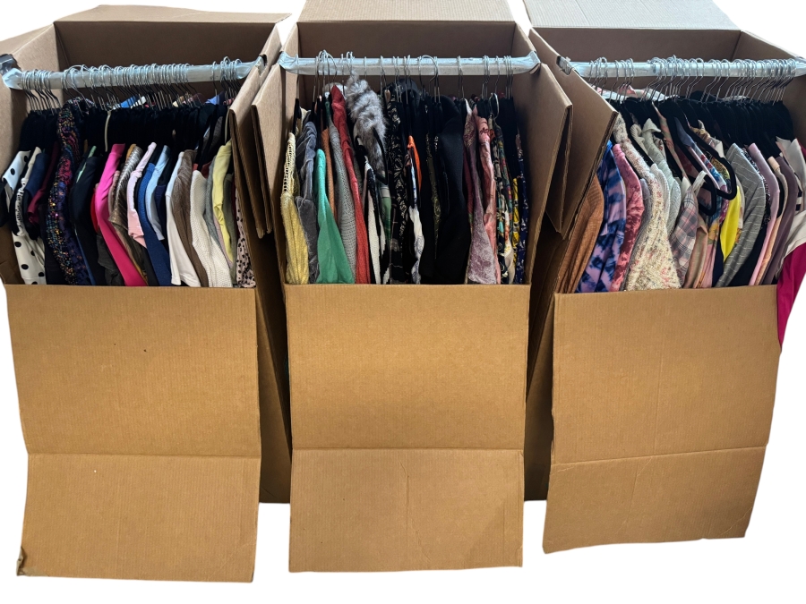 Just Added - Women's Clothing Reseller Liquidation Lot 3 Wardrobe Boxes Hanging Apparel Bundle Mostly Size S / XS