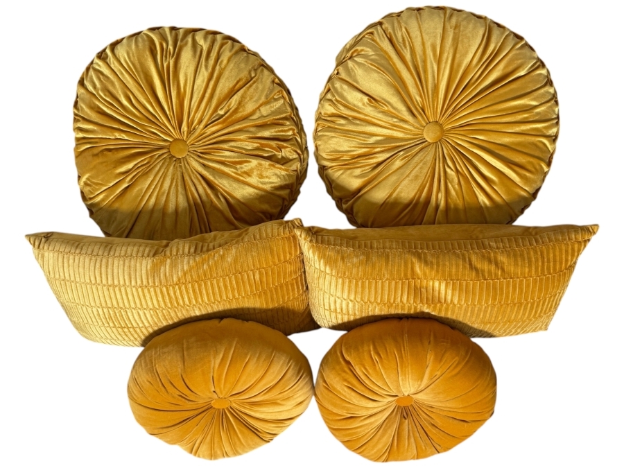 Just Added - Set Of 6 Luxury Velvet Mustard Yellow Pleated Round And Ribbed Lumbar Decorative Accent Pillows 20' / 22' / 14'