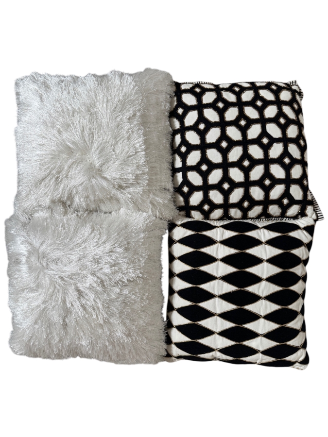 Just Added - Set Of 4 Glam Monochrome White Shaggy Faux Fur And Black Velvet Geometric Throw Pillows 16'