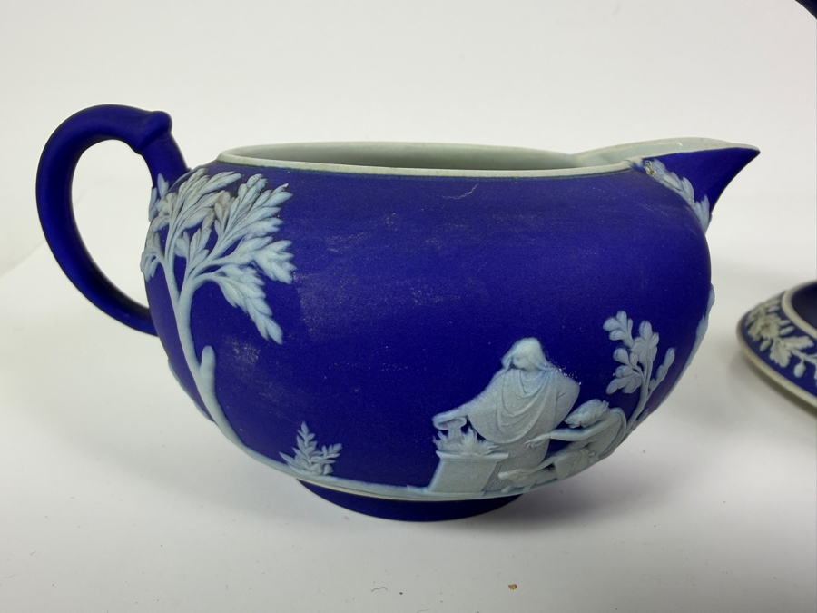 Vintage Wedgwood Dark Blue Jasperware Neoclassical Tea Set With Teapot Matching Creamer Covered Sugar Bowl And Underplate [Photo 8]