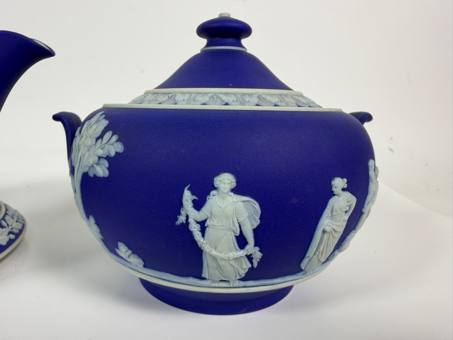 Vintage Wedgwood Dark Blue Jasperware Neoclassical Tea Set With Teapot Matching Creamer Covered Sugar Bowl And Underplate [Photo 3]