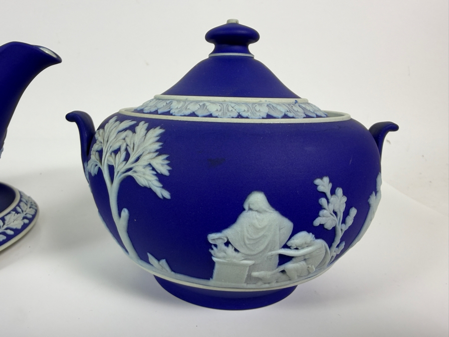 Vintage Wedgwood Dark Blue Jasperware Neoclassical Tea Set With Teapot Matching Creamer Covered Sugar Bowl And Underplate [Photo 4]