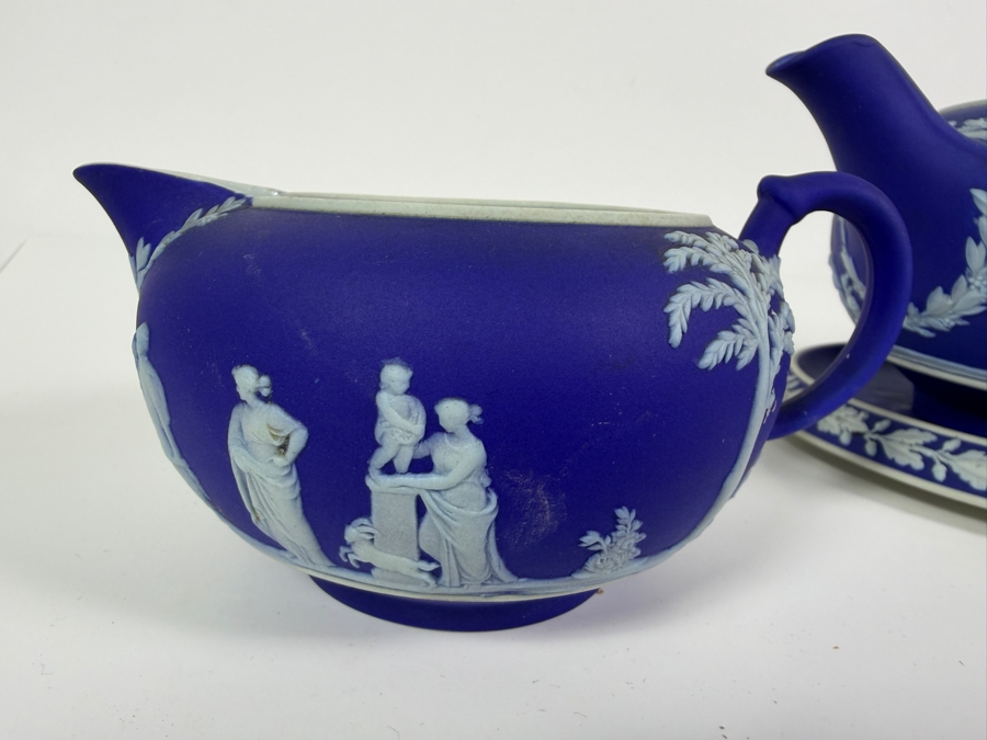 Vintage Wedgwood Dark Blue Jasperware Neoclassical Tea Set With Teapot Matching Creamer Covered Sugar Bowl And Underplate [Photo 10]