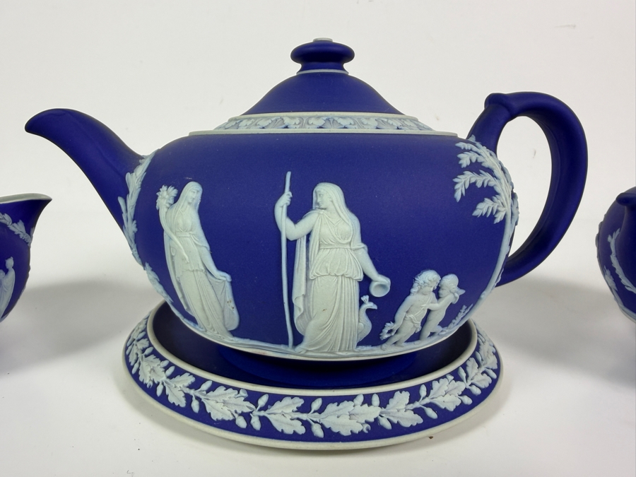 Vintage Wedgwood Dark Blue Jasperware Neoclassical Tea Set With Teapot Matching Creamer Covered Sugar Bowl And Underplate [Photo 5]