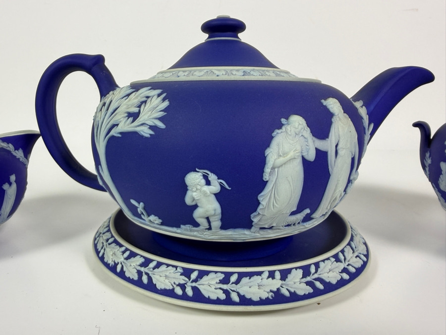 Vintage Wedgwood Dark Blue Jasperware Neoclassical Tea Set With Teapot Matching Creamer Covered Sugar Bowl And Underplate [Photo 2]