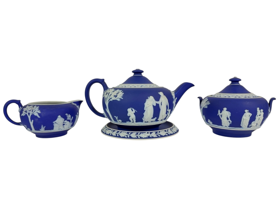 Vintage Wedgwood Dark Blue Jasperware Neoclassical Tea Set With Teapot Matching Creamer Covered Sugar Bowl And Underplate
