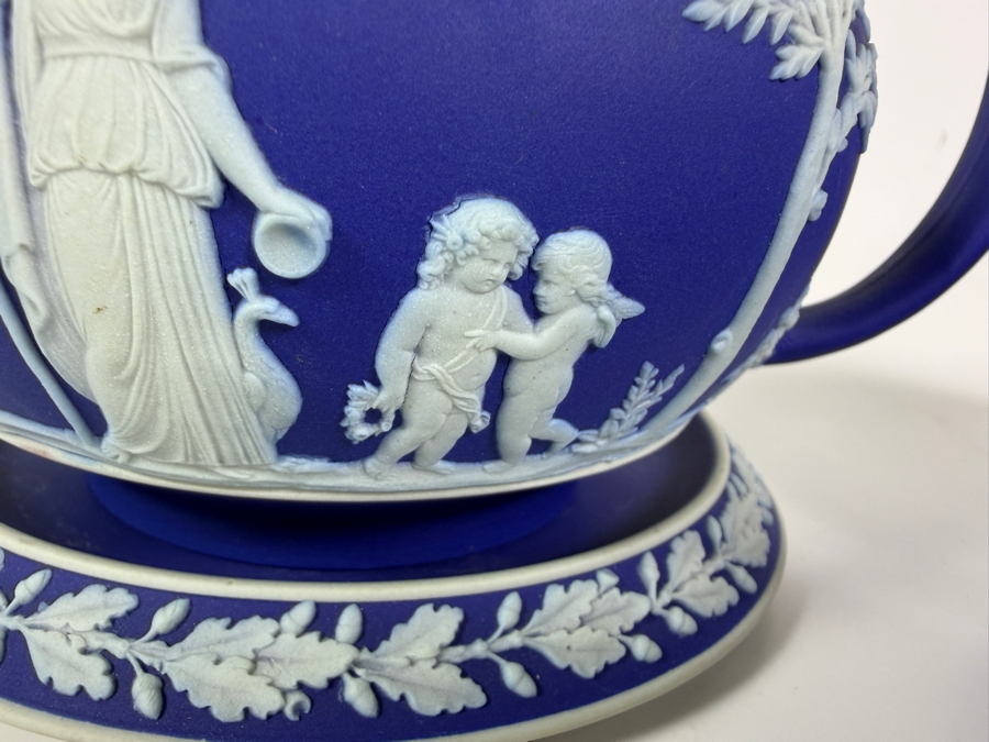Vintage Wedgwood Dark Blue Jasperware Neoclassical Tea Set With Teapot Matching Creamer Covered Sugar Bowl And Underplate [Photo 7]