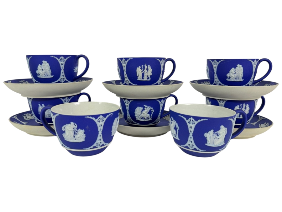 Vintage Wedgwood Dark Blue Jasperware Neoclassical Teacups And Saucers Set Of Six Plus Two Extra Cups Plates: 5.5'W Cups: 2.25'H