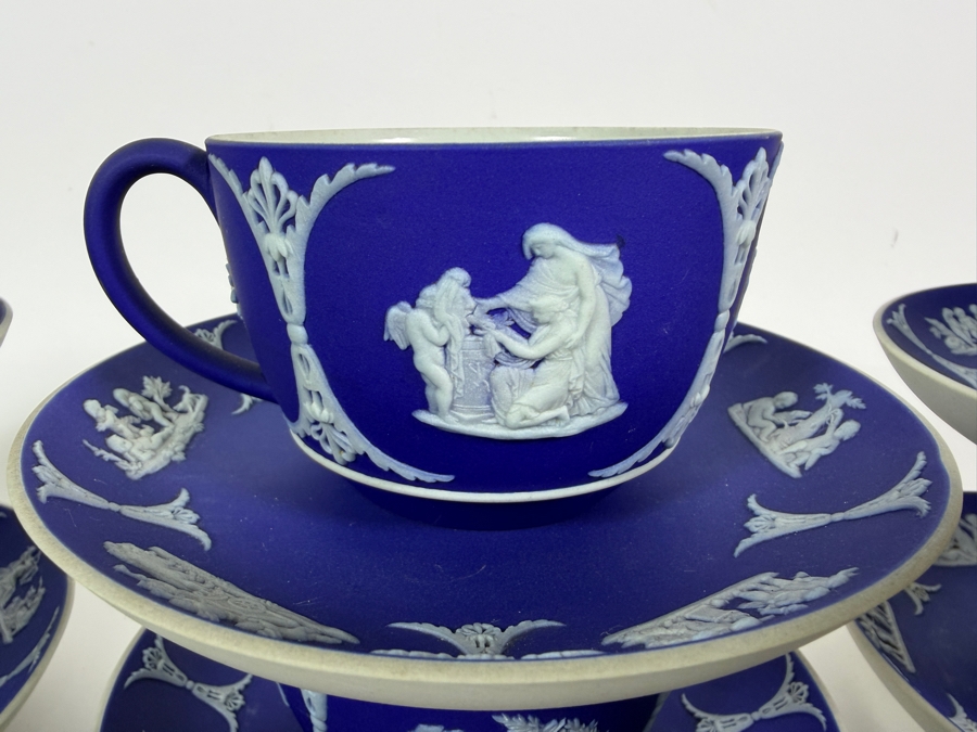 Vintage Wedgwood Dark Blue Jasperware Neoclassical Teacups And Saucers Set Of Six Plus Two Extra Cups Plates: 5.5'W Cups: 2.25'H [Photo 3]