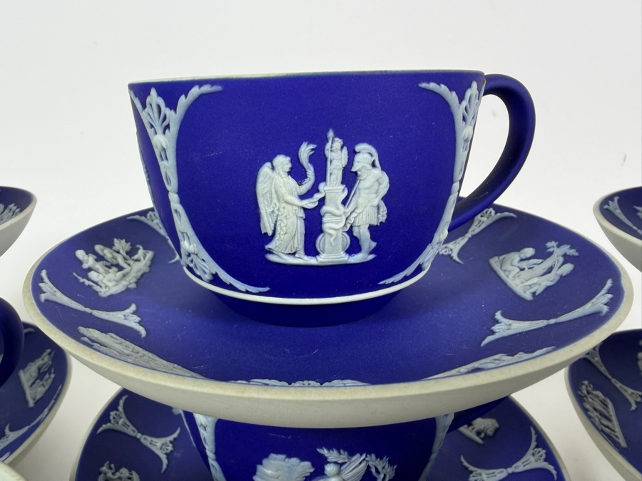 Vintage Wedgwood Dark Blue Jasperware Neoclassical Teacups And Saucers Set Of Six Plus Two Extra Cups Plates: 5.5'W Cups: 2.25'H [Photo 2]