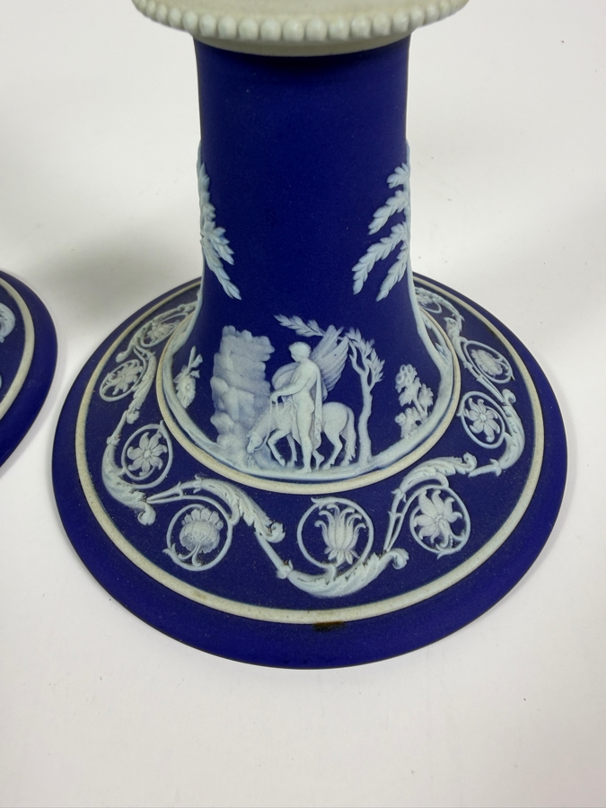 Pair Of Vintage Wedgwood Dark Blue Jasperware Neoclassical Candlesticks With White Bas Relief Figures 6'H [Photo 5]