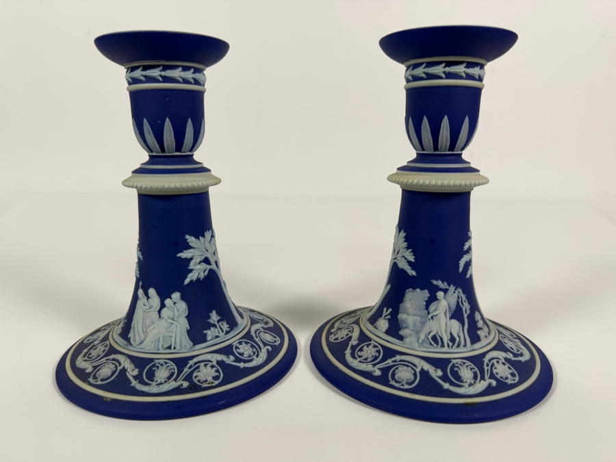Pair Of Vintage Wedgwood Dark Blue Jasperware Neoclassical Candlesticks With White Bas Relief Figures 6'H [Photo 6]