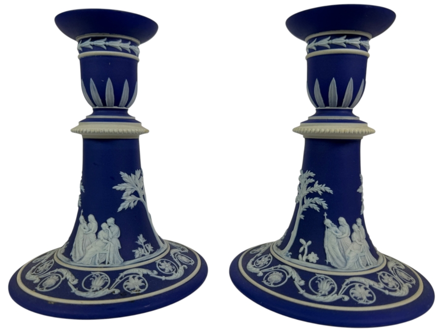 Pair Of Vintage Wedgwood Dark Blue Jasperware Neoclassical Candlesticks With White Bas Relief Figures 6'H