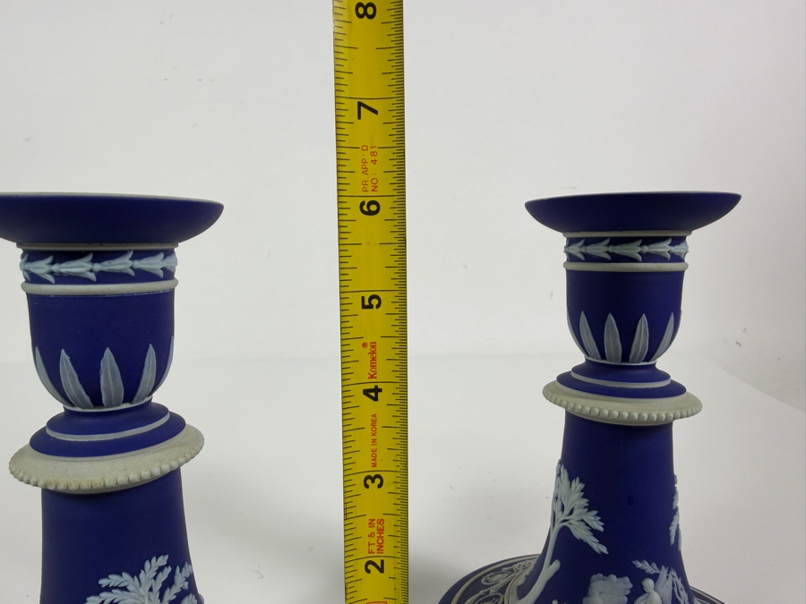 Pair Of Vintage Wedgwood Dark Blue Jasperware Neoclassical Candlesticks With White Bas Relief Figures 6'H [Photo 8]