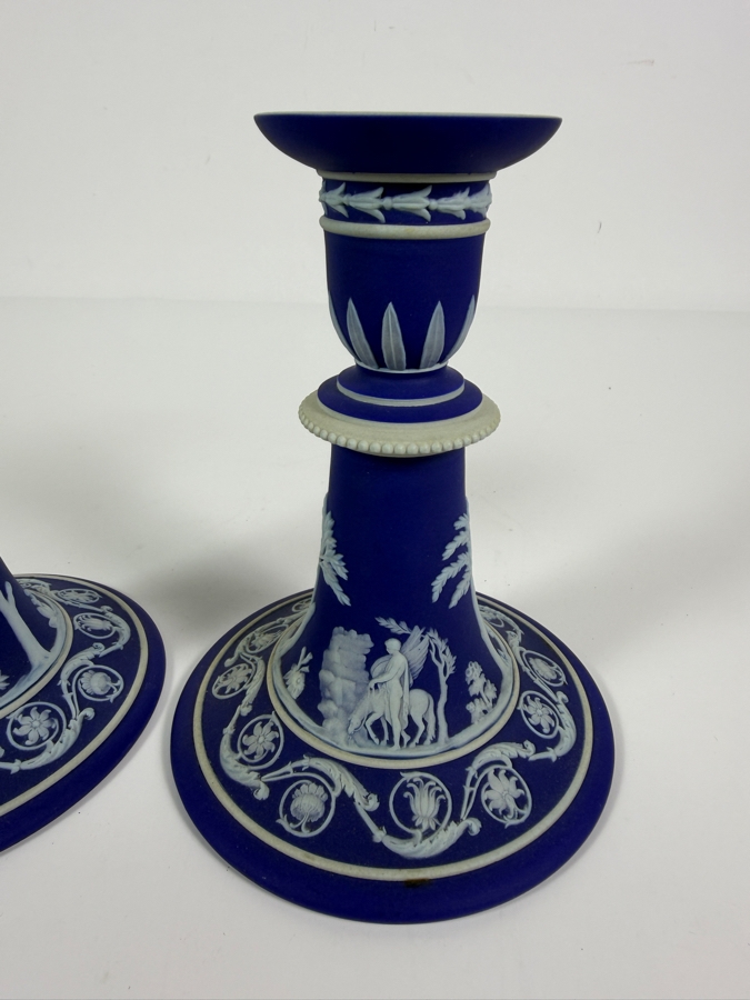 Pair Of Vintage Wedgwood Dark Blue Jasperware Neoclassical Candlesticks With White Bas Relief Figures 6'H [Photo 4]