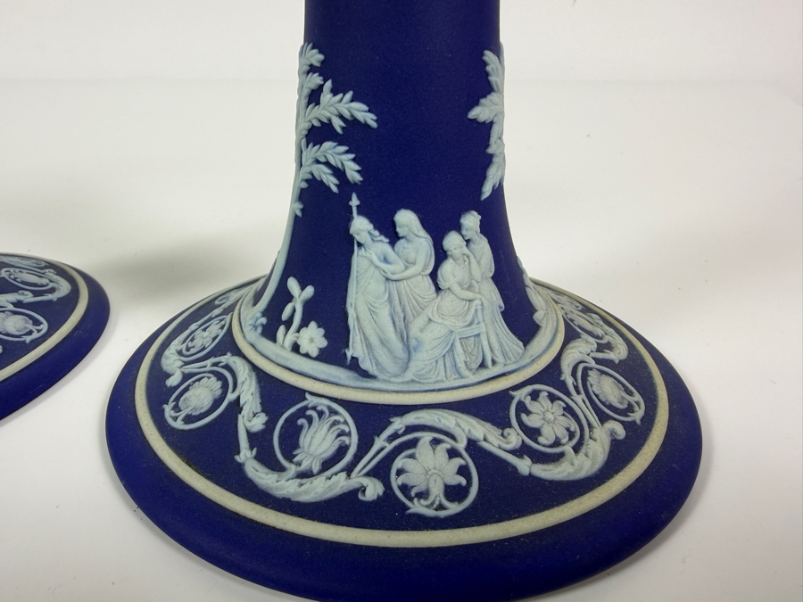 Pair Of Vintage Wedgwood Dark Blue Jasperware Neoclassical Candlesticks With White Bas Relief Figures 6'H [Photo 3]
