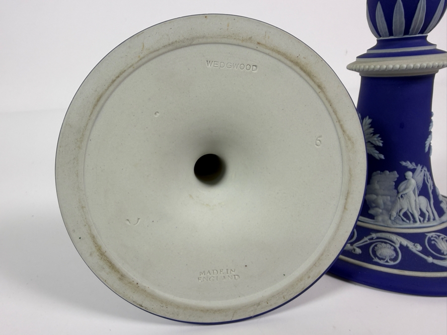 Pair Of Vintage Wedgwood Dark Blue Jasperware Neoclassical Candlesticks With White Bas Relief Figures 6'H [Photo 7]