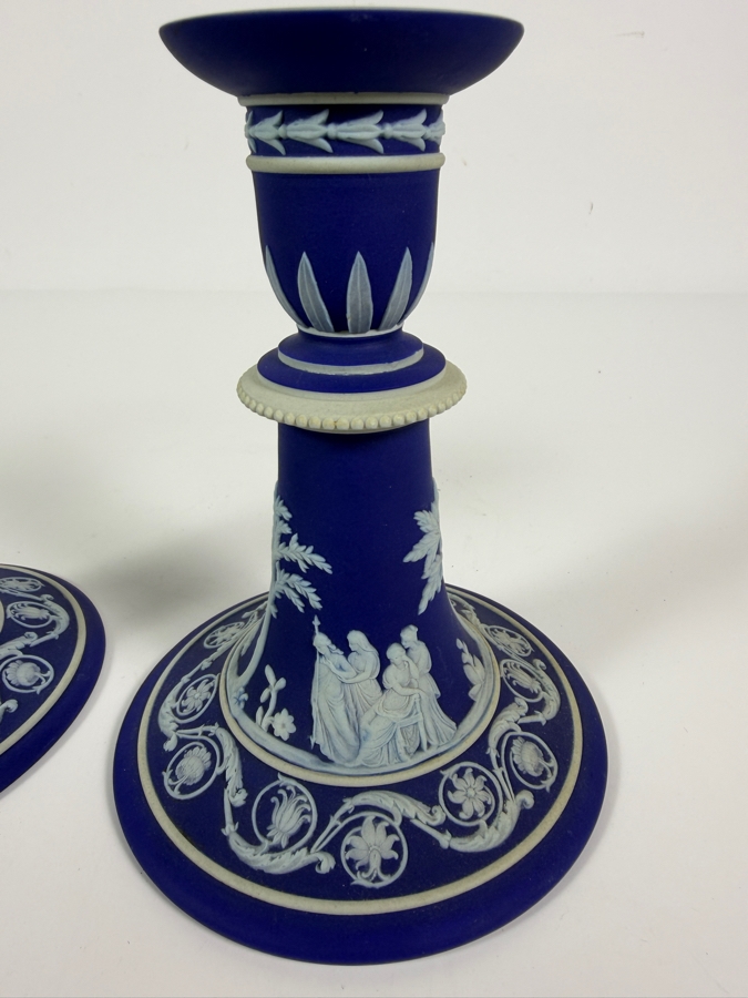 Pair Of Vintage Wedgwood Dark Blue Jasperware Neoclassical Candlesticks With White Bas Relief Figures 6'H [Photo 2]