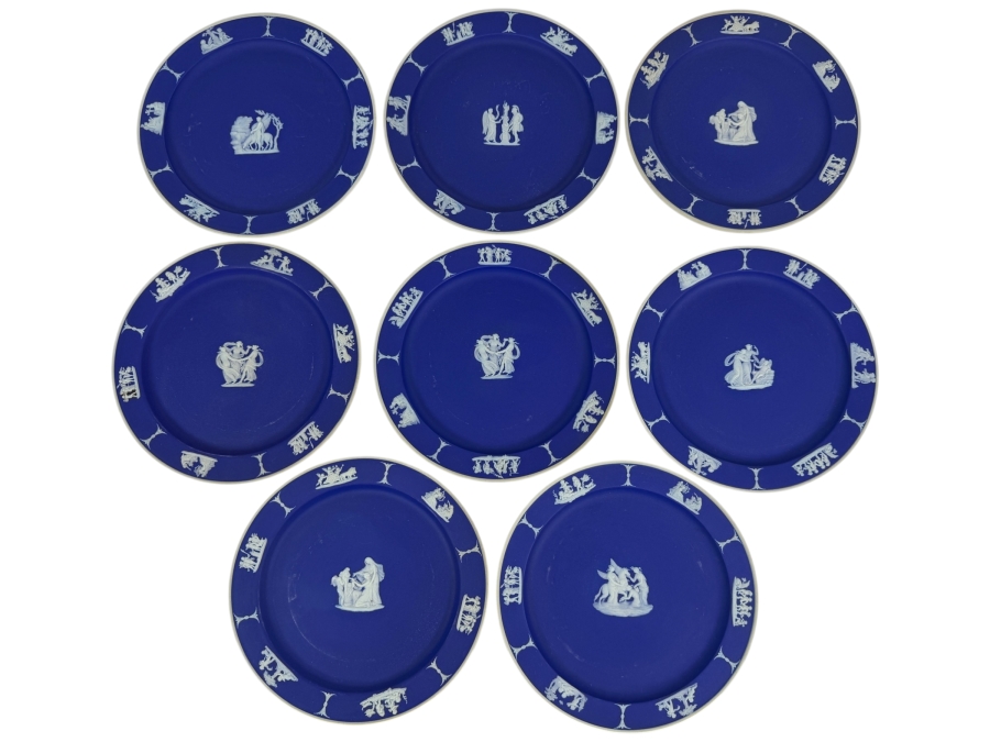Vintage Wedgwood Dark Blue Jasperware Neoclassical Dinner Salad Plates Group Set Of Eight 8'W