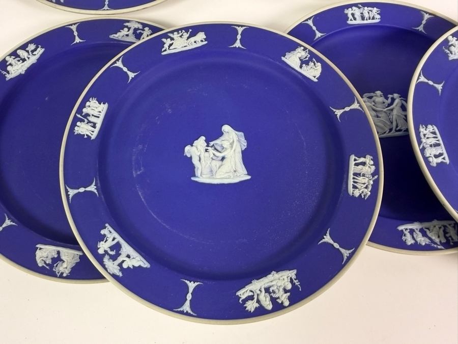 Vintage Wedgwood Dark Blue Jasperware Neoclassical Dinner Salad Plates Group Set Of Eight 8'W [Photo 9]