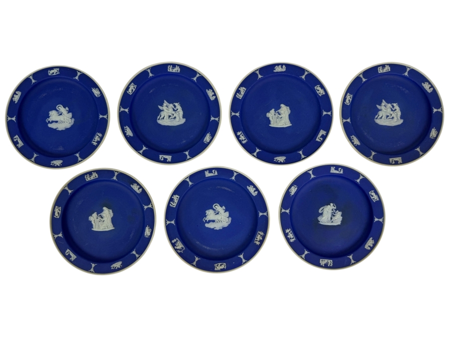 Vintage Wedgwood Dark Blue Jasperware Neoclassical Bread Butter Salad Plates Group Set Of Seven 5'W