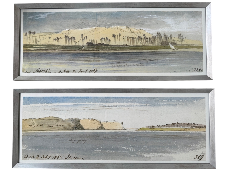 Just Added - Edward Lear Pair Of Framed Nile Landscape Fine Art Prints Near Aswan And Ibreem 33' X 12' Retail $660