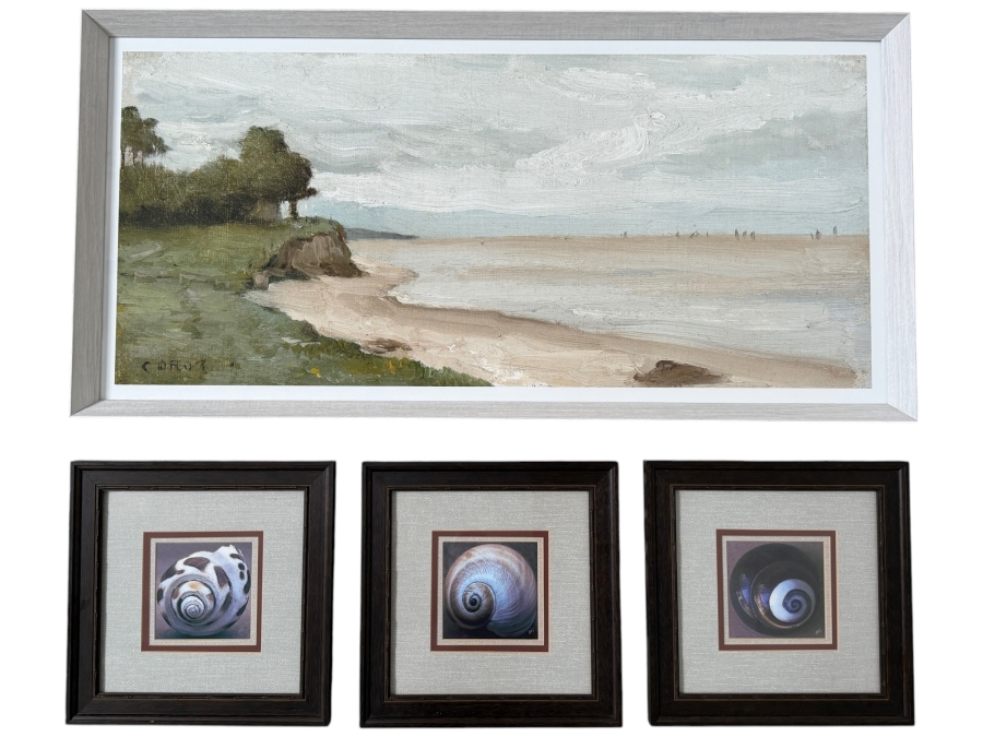 Just Added - Jean-Baptiste-Camille Corot Beach Near Etretat Panoramic Print And Framed Spiral Seashell Photography Set Of Three Retail $569 / $180 X 3 Sizes' 43.5 X 21.5' / 13.5' X 13.5'