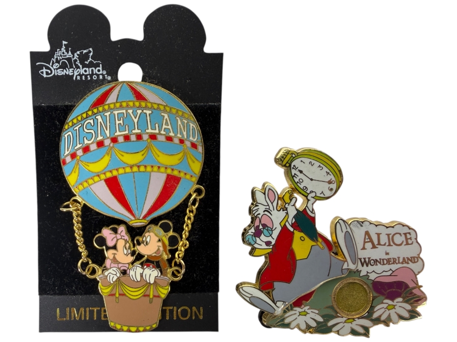 Disneyland Resort Limited Edition of 3,600 Trading Pin Featuring Mickey and Minnie Mouse in a Hot Air Balloon and Limited Edition of 1,500 Disneyland Resort Alice in Wonderland Trading Pin Featuring White Rabbit