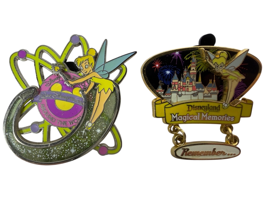 Vintage 2009 Limited Edition of 500 Walt Disney World 'Pin-Tiquities' Tinker Bell Atomic MOP Event Celebration Trading Pin and Limited Edition of 1,000 'Magical Memories' Tinker Bell and Sleeping Beauty Castle Trading Pin from the Disneyland Resort