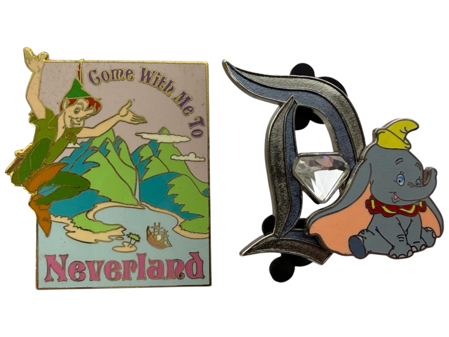 Vintage Disney Auctions Exclusive Limited Edition of 1,000 Trading Pin 'Come With Me To Neverland' Poster Pin Featuring Peter Pan and Limited Edition of 3,000 Disneyland Resort 60th Anniversary Diamond Celebration 'D' Pin Featuring Dumbo
