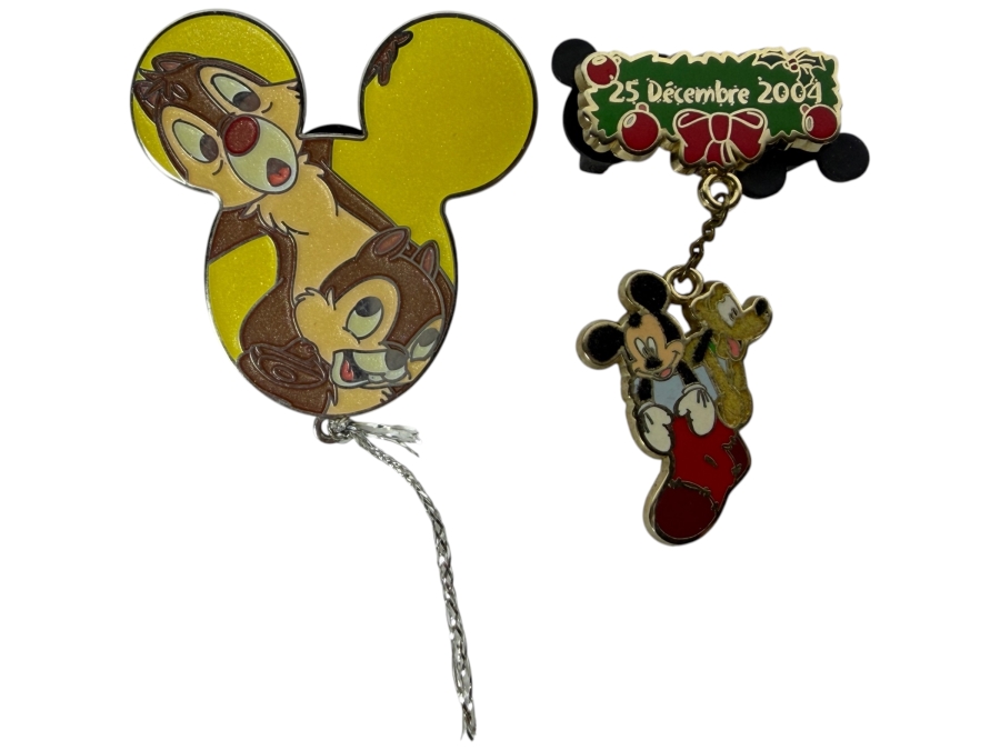 Vintage Limited Edition of 1,500 'Characters on Mickey Mouse Icon' Chip and Dale Disney Trading Pin and Limited Edition of 900 Disney Christmas Pin Featuring Mickey Mouse and Pluto Dangling from a '25 Decembre 2004' Sign