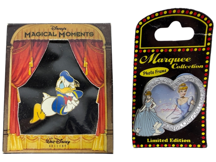 Limited Edition Disney Cinderella Marquee Collection Photo Frame Pin and Limited Edition Walt Disney Gallery Donald Duck 65th Anniversary 'Magical Moments' Trading Pin