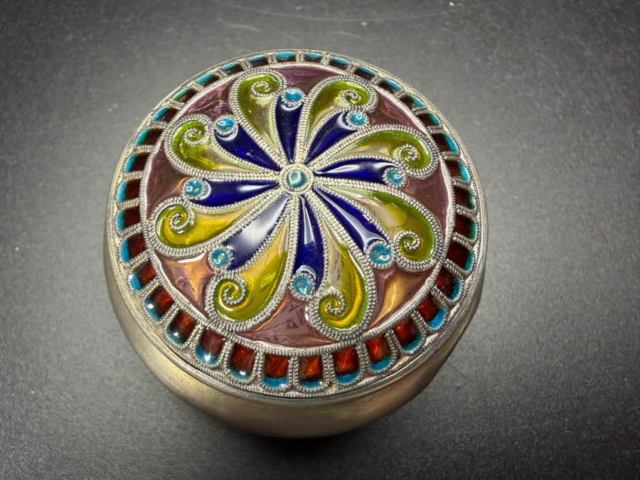 Vintage Norwegian 830S Silver Plique A Jour Cloisonne Enamel Rounded Pill Trinket Box 1.75'W 34.4g [Photo 2]