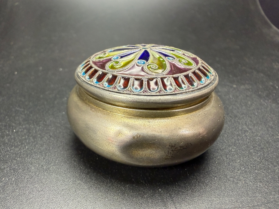 Vintage Norwegian 830S Silver Plique A Jour Cloisonne Enamel Rounded Pill Trinket Box 1.75'W 34.4g [Photo 3]