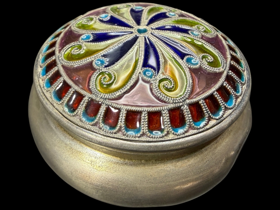 Vintage Norwegian 830S Silver Plique A Jour Cloisonne Enamel Rounded Pill Trinket Box 1.75'W 34.4g