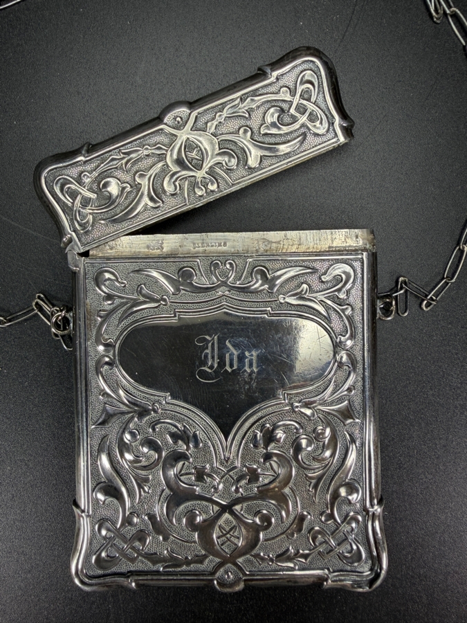 Antique Art Nouveau Sterling Silver Calling Card Case Dance Purse With Monogram Ida Dated December 25, 1873 2.5' X 3.5' 57.9g [Photo 2]