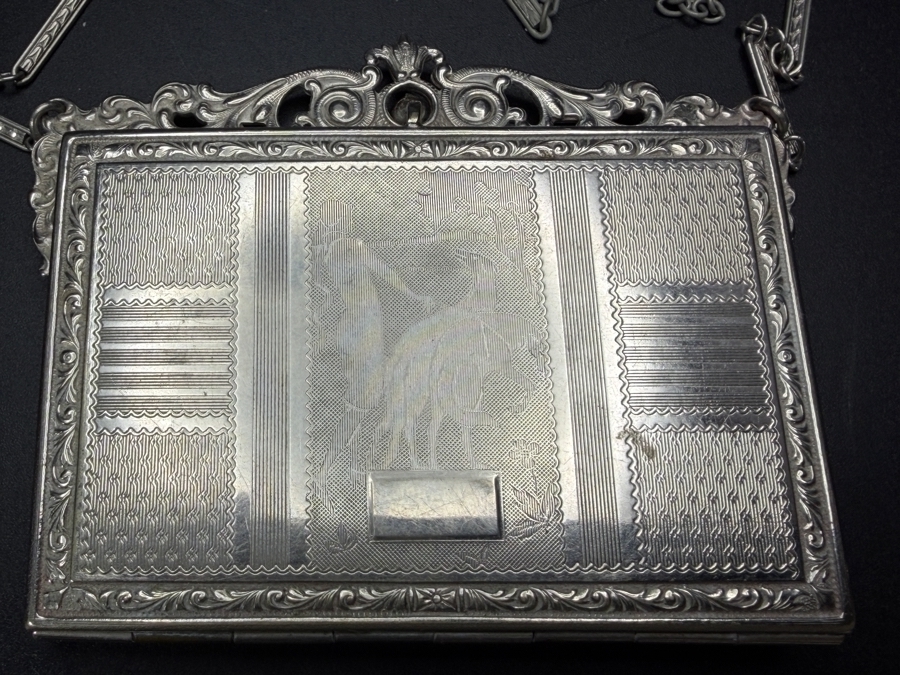 Vintage Art Deco FMCO Silvertone Engraved Dance Compact Purse With Crane Motif And Bar Link Chain 3.5'W X 2.75'H [Photo 2]