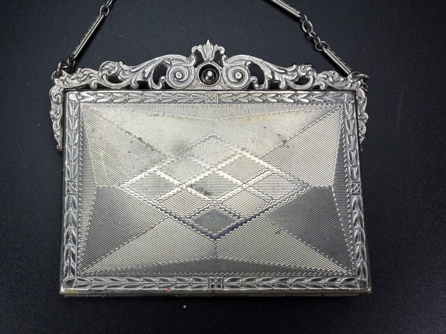 Vintage Art Deco FMCO Silvertone Engraved Dance Compact Purse With Crane Motif And Bar Link Chain 3.5'W X 2.75'H [Photo 4]