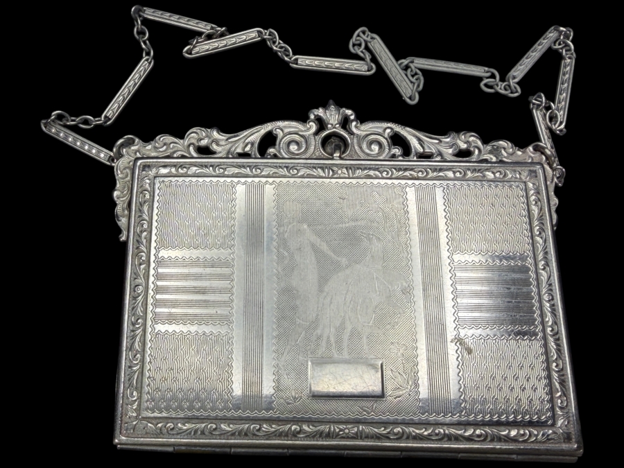 Vintage Art Deco FMCO Silvertone Engraved Dance Compact Purse With Crane Motif And Bar Link Chain 3.5'W X 2.75'H