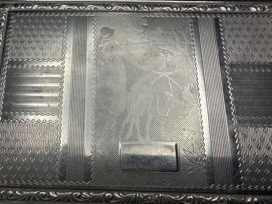 Vintage Art Deco FMCO Silvertone Engraved Dance Compact Purse With Crane Motif And Bar Link Chain 3.5'W X 2.75'H [Photo 3]
