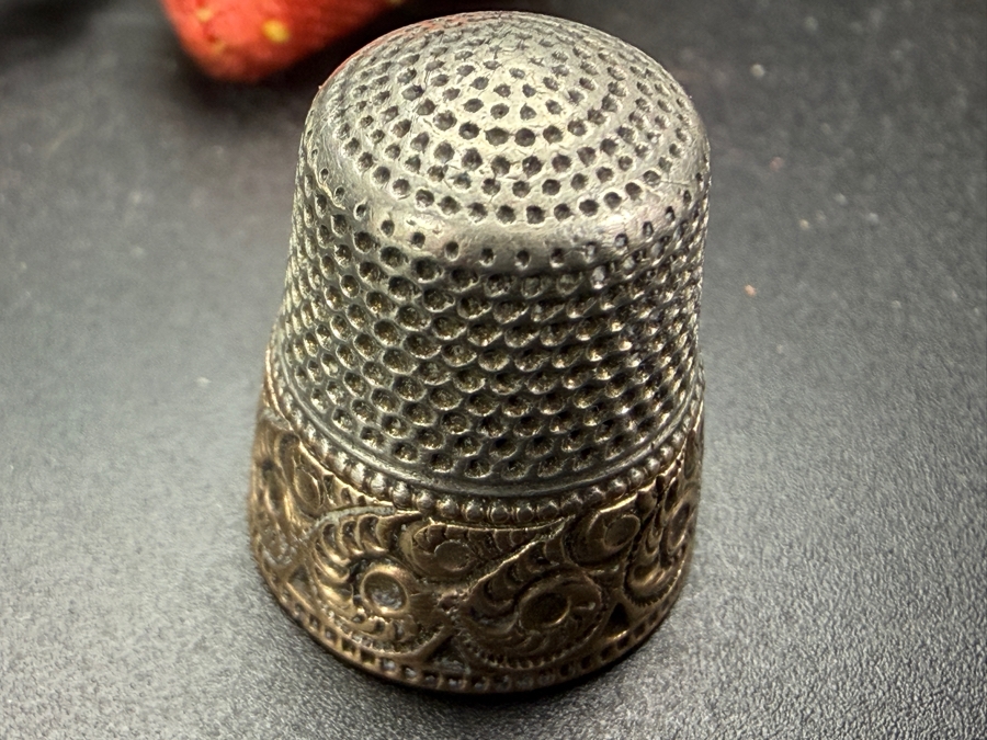 Vintage Chatelaine Sewing Set Comprising Needle Case, Fabric Strawberry Emery And Sterling Silver Pierced Thimble Holder Cage With Thimble [Photo 5]