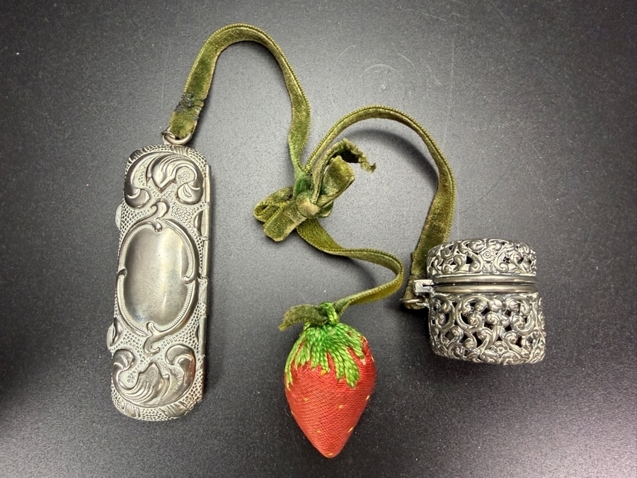 Vintage Chatelaine Sewing Set Comprising Needle Case, Fabric Strawberry Emery And Sterling Silver Pierced Thimble Holder Cage With Thimble [Photo 2]