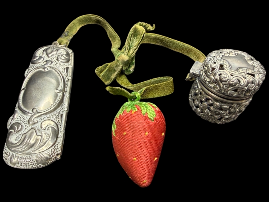 Vintage Chatelaine Sewing Set Comprising Needle Case, Fabric Strawberry Emery And Sterling Silver Pierced Thimble Holder Cage With Thimble